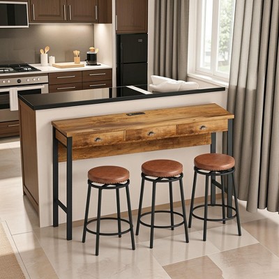Resenkos Kitchen Bar Table Set,Bar Table Set,3-Drawer Long Dining Table Set with Power Outlets and Circular PU Stools, Easy Assemble,Brown