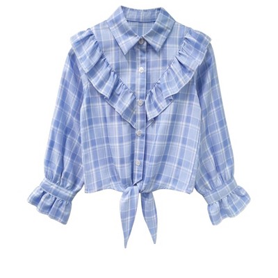 Girls Long Sleeve Ruffle Plaid Shirts Front Button Down Shirts for Girls Waist Knot Plaid Shirts