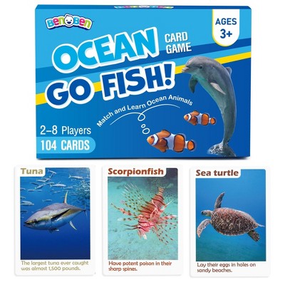 BenBen Go Fish Card Game for Kids, 104 Cards, Ocean Theme Memory Matching Game, Sea Animals Learning Playing Cards