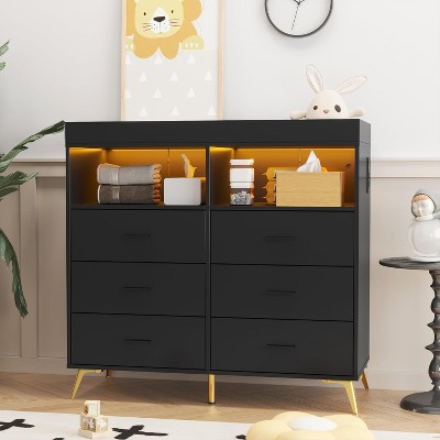 Dresser for Bedroom with 6 Drawers, Baby Changing Table Dresser with Changing Pad, LED Lights & Charging Station, Baby Changing Station