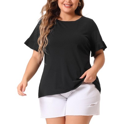 Agnes Orinda Women's Plus Size Short Flounce Sleeve Casual Summer Round Neck Blouses