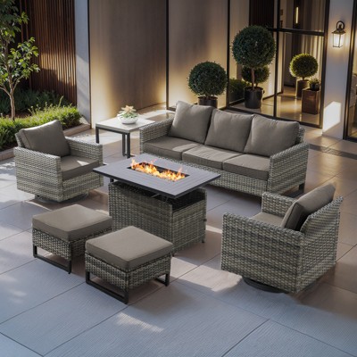 Buenhomino Outdoor Wicker Patio Furniture Set with 43" Propane Fire Pit, Swivel Patio Chairs Set with Sofa Couch, Fire Pit Table and Ottoman
