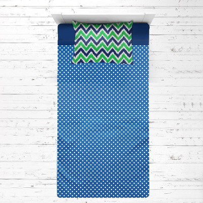 Bacati - MixNMatch Navy Green Chevron Dots 3 pc Toddler Sheet Set