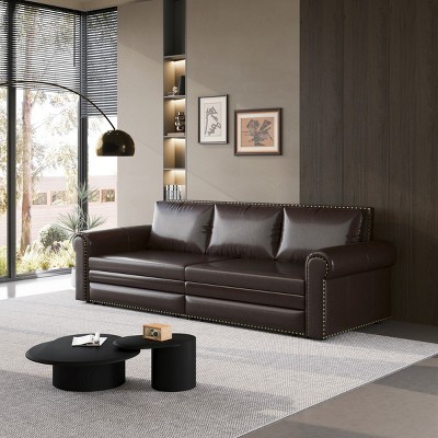93"Pull Out Sofa Couch Bed Sofa King Size 3 In 1 Convertible Sleeper Sofa Bed Faux Leather Chesterfield Sofa With Nailhead Trim &Rolled Arm-Cuddlewood