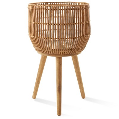 Casafield Planter Basket with Stand, Floor Planter with Wood Legs, Large Plant Pot Cover with Liner