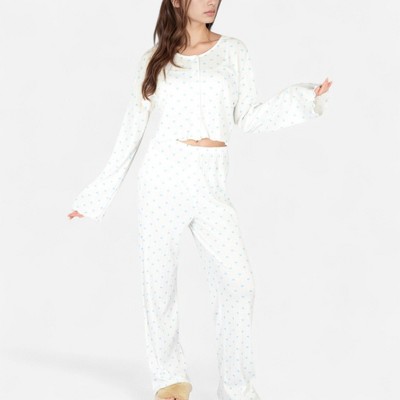 Anna-Kaci Lounge Women's Heart Print Long Sleeve Cropped Top and Wide Leg Pajama Pants Lounge Set