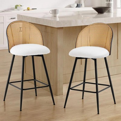 Bekrvio 29" Mid Century Modern Swivel Bar Stools Set of 2/3/4— w/Rattan Back, Boucle Upholstered & Metal Legs, Bar Chairs for Kitchen Counter