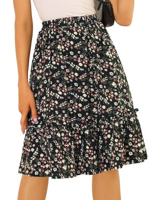 INSPIRE CHIC Women's Ruffle Hem Elastic Waist Flowy A-Line Swing Floral Midi Skirt