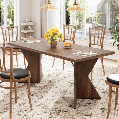 CuisinSmart 70.9'' Dining Table for 6, Farmhouse Rectangular Kitchen Table with Sturdy Frame and “V” Leg, Wooden Thickened Long Desk