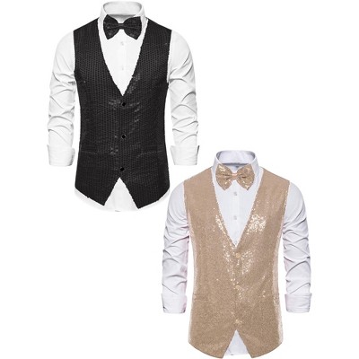 Lars Amadeus Men's Sleeveless Sparkle Sequin Party Prom Waistcoat with Bow Tie 2 Packs