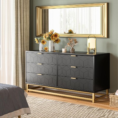 6 Drawers Dresser, Modern Dresser Chest Organizer with Metal Legs, Wood Dressers & Chests of Drawers for Bedroom, Living Room, Hallway
