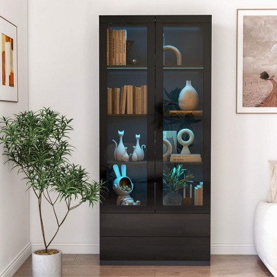 ORRD Display Cabinet with Glass Doors, Curio Storage Cabinet with 2-Drawer, Bookcase with LED Lights, Black