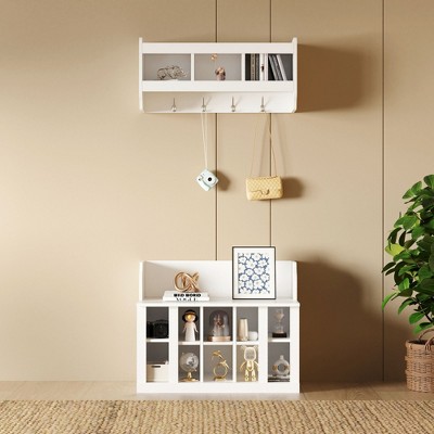 CAVINAS Hall Tree with 4 Hooks Wall Mounted Coat Rack with Bench, Shoe Rack and Top Shelves for Entryway