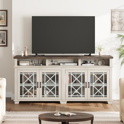 Farmhouse TV Stand for 80 inch, Mid Century Entertainment Center with LED Lights, Wooden Media Cabinet with Glass Door for Living Room, Whitewash