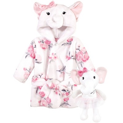 Hudson Baby Infant Girls Plush Bathrobe and Toy Set, White Elephant, One Size