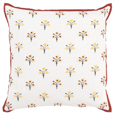 20"x20" Oversize Vintage Square Throw Pillow White/Rust - Rizzy Home: Cotton Canvas, Botanical Design, Indoor Use, Zippered