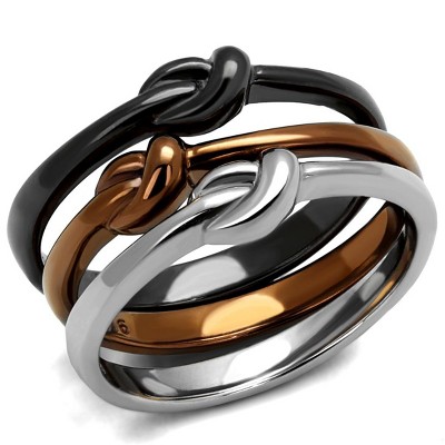 Slickblue Three-Tone Knot Ring Set for Women, IP Black, Coffee & Silver, Minimal Stackable Style, Sizes 5–10