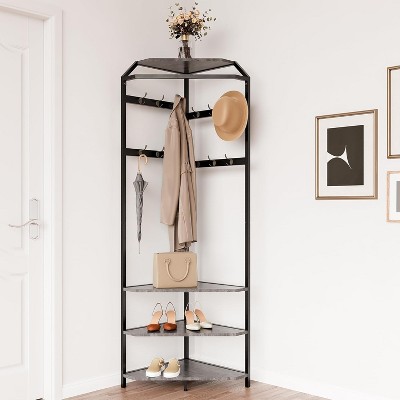 Freestanding Hall Tree with Shoe Bench, Entryway Coat Rack with 3-Tier Storage Shelves and 12 Hooks