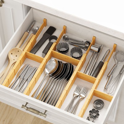 Patented Set of 4 Bamboo Expandable Drawer Dividers with Labels,with 9 Inserts (17-22 in)-SpaceAid®