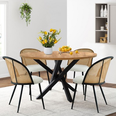 5-Piece Round Dining Table Set, Modern Dining Table With Chairs, Small Space Dining Set With Natural Rattan Back and Boucle - Maison Boucle