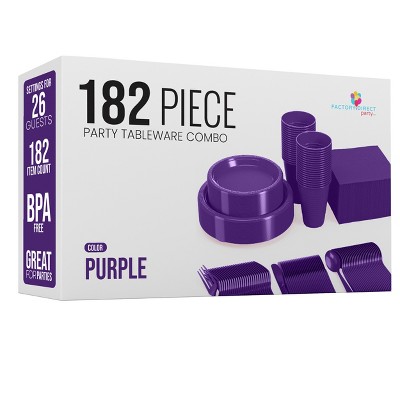 Crown Display 182 Pc Plastic Dinnerware Set: Includes 26 Each of 9''  Plates Disposable, 7'' Dessert Plates, 12oz Cups Napkins & Cutlery