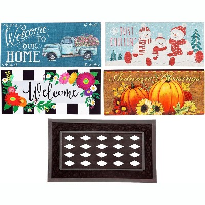 Evergreen Indoor Outdoor Doormat Bundle Set of 5 - Frame and 4 Welcome Seasonal Inserts Pumpkins Blue Truck Welcome Snowmen