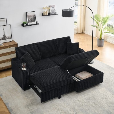 PAGED Foldable Sofa with Storage Footstool, Modern Corduroy Pull-Out Sofa Couch with Cup Holder for Living Room, Home Office