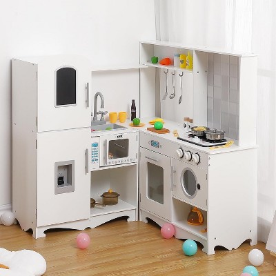 Corner Wooden Kitchen Playset for Kids w/ 12-in-1 Appliances: Stove, Oven, Sink, Microwave, Washer + Blackboard & Storage - Kids Gift