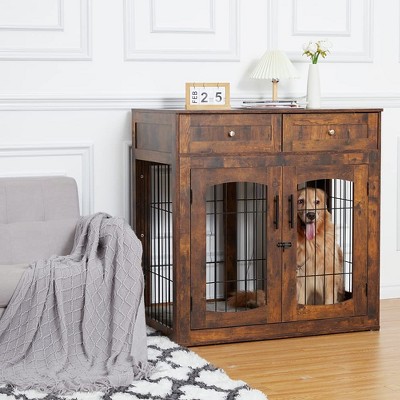 Dog Crate Furniture with Double Drawers, Wooden End Table Dog Kennel, Furniture Style Wood House Crate for Small/Medium/Large Dogs