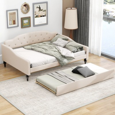 NicBex Full Size Daybed with Trundle Linen Fabric Day Bed with Waved Arms and Tufted Button for Living Room and Bedroom, Beige