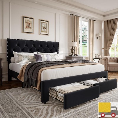 Garvee Upholstered Full Bed Frame with Storage Drawers, Velvet Platform Bed with Tufted Headboard & Rivets, No Box Spring Needed, Noise Free, Black