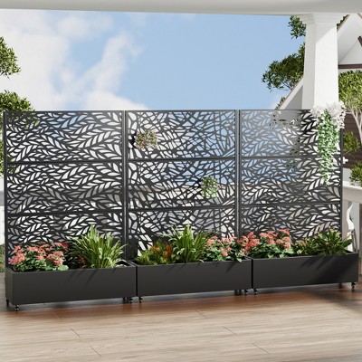 Wooakway 142"W × 72"H Black Rectangle Metal Planter Box with Trellis Raised Garden Bed with Arbor Privacy Screen with Wheels