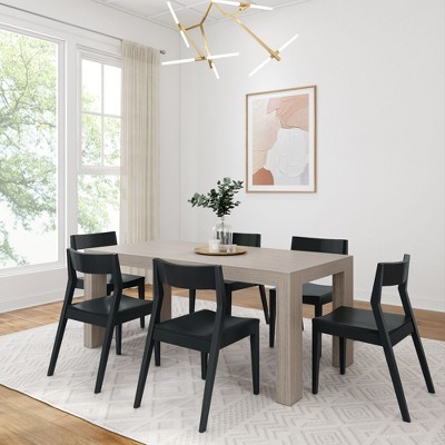 Plank+Beam 72" Modern Solid Wood Dining Table Set, Black Wirebrush, + 6 Chairs