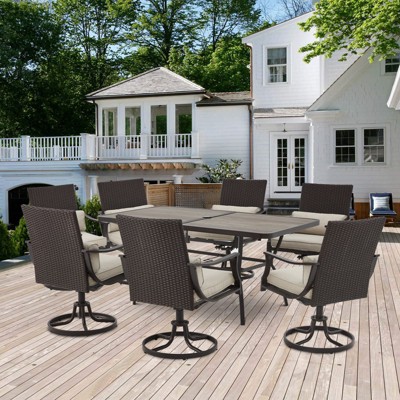 EROMMY 7 Piece Outdoor Patio Dining Set, Large Rectangular Dining Table (1.96'' Umbrella Hole) And 6 Swivel Dining Chairs With Lumbar Pillow