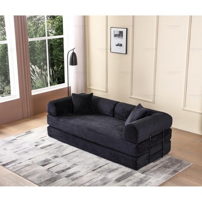 Dexmalle Black Corduroy Convertible Sleeper Sofa Bed with Cylindrical Pillow