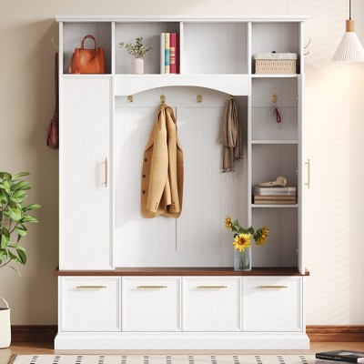 4-in-1 Hall Tree Mudroom Coat Rack Entryway Bench Entryway Shoe Cabinet with Hooks, Adjustable Shelves & Compartment with Flip-down Doors - ModernLuxe