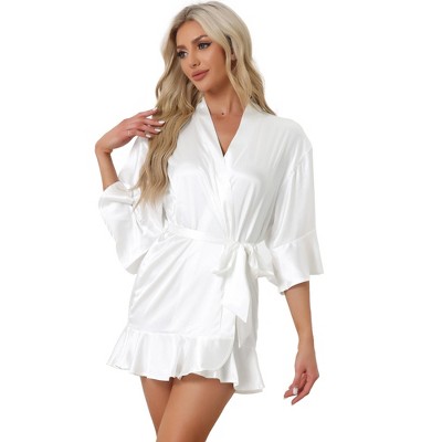 cheibear Women's Satin One Piece Pajama Silky 3/4 Sleeves Tie Waist Loungewear Robes