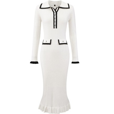 INSPIRE CHIC Women's Long Sleeve Contrast Trim Ruffled Fall Winter Ribbed Knit Bodycon Sweater Dress