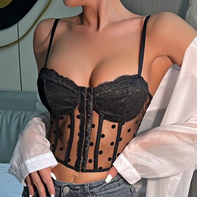 Womens Velvet Dot Mesh Corset Top Bustier Cami Tops