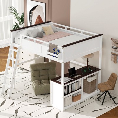 Whisen Queen Size Loft Bed with Desk,Open Shelf and a Storage Box,USB Charging Station - White