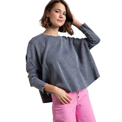 Slickblue Women's Thermal Crewneck Top, Mineral Wash Finish, Loose Fit, Soft Pink/Ash Navy, Size S-L