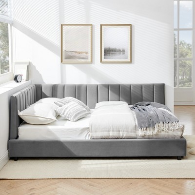 Full Size Upholstered Tufted Bed Frame with Backrest & Armrests, Velvet Sofa Bed for Bedroom or Living Room, Gray/Beige/Black - ModernLuxe