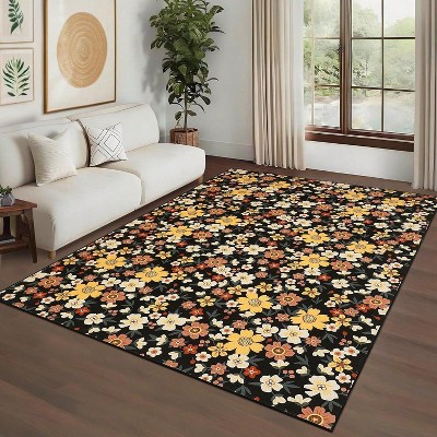 Traditional Floral Rug Modern Farmhouse Rug Stain-Resistant Non-Slip Soft Thin Floor Carpet Foldable Indoor Carpet