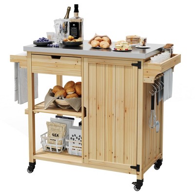 Outdoor Grill Cart, Solid Wood BBQ Cart Prep Table, Portable Rolling Kitchen Island with Stainless Steel Top, Drawer, & Open Shelves