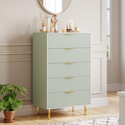 Homhougo Modern 5 Drawer Dresser for Bedroom with Gold Handle and Large Drawer, Wood Double Chest of Drawers and Storage Organizer for Living Room