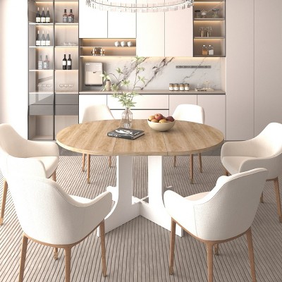 Farmhouse Expandable Wood Dining Table,Side Table With X Shaped Base And Removable Leaf Trestle,Round Kitchen Dining Table-Cuddlewood