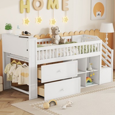 KIGFTSOD Twin Size Loft Bed with LED and Bookshelf, Wood Low Loft Bed with Stairs
