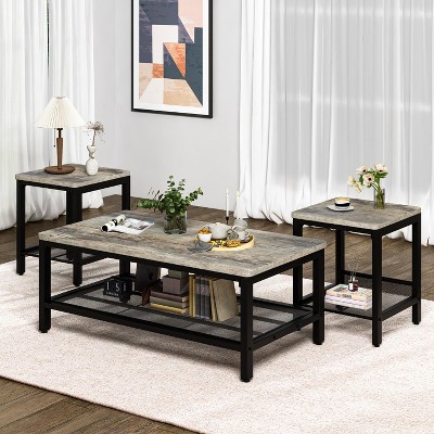 Hooseng 3 Pieces Living Room Coffee Table Set, Industrial Coffee Table with 2 Square End Side Tables for Apartment, Office, Rustic Brown