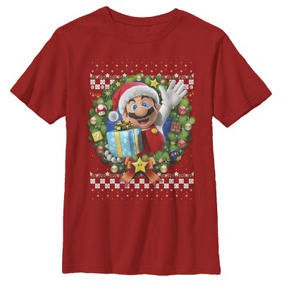 Boy's Nintendo Ugly Christmas Mario Wreath T-Shirt