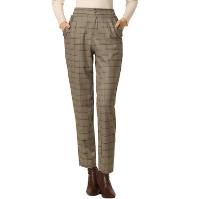 INSPIRE CHIC Women's Vintage Tartan Plaid Elastic Waist Straight Long Trousers